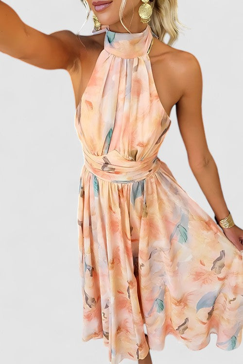 Thalia's Halter Neck Maxi Dress with Open Back and Watercolour Print