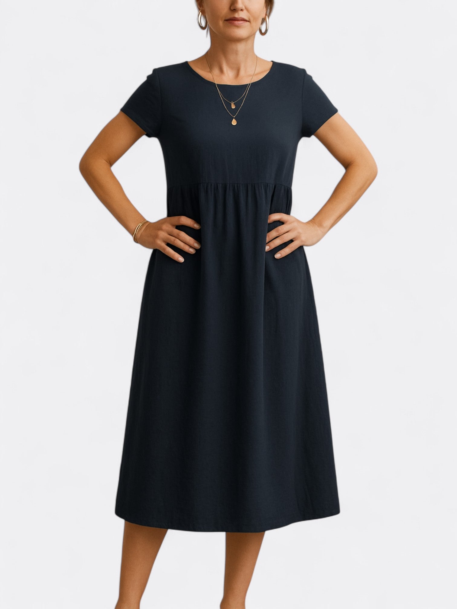 Zia's Midi Dress with O Neckline and A-Line Silhouette