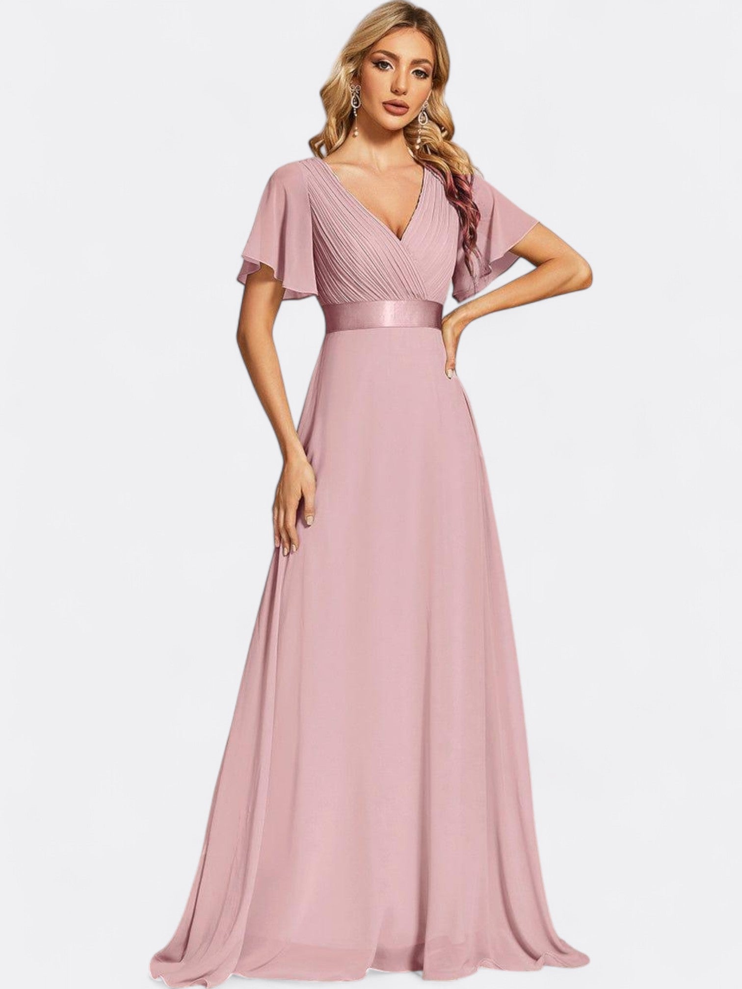 Anya’s Plus-Size Chiffon Maxi Dress with Flutter Sleeves and V-Neckline