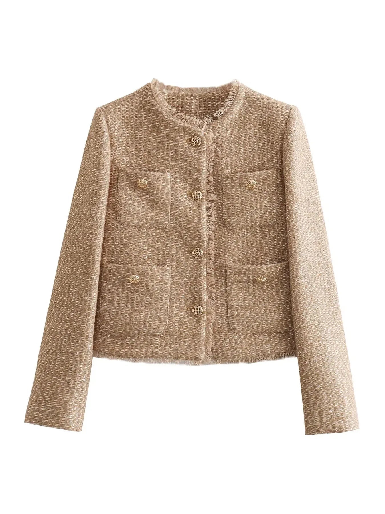 Pearl's Tweed Crop Jacket with Quilted Design and Long Sleeves