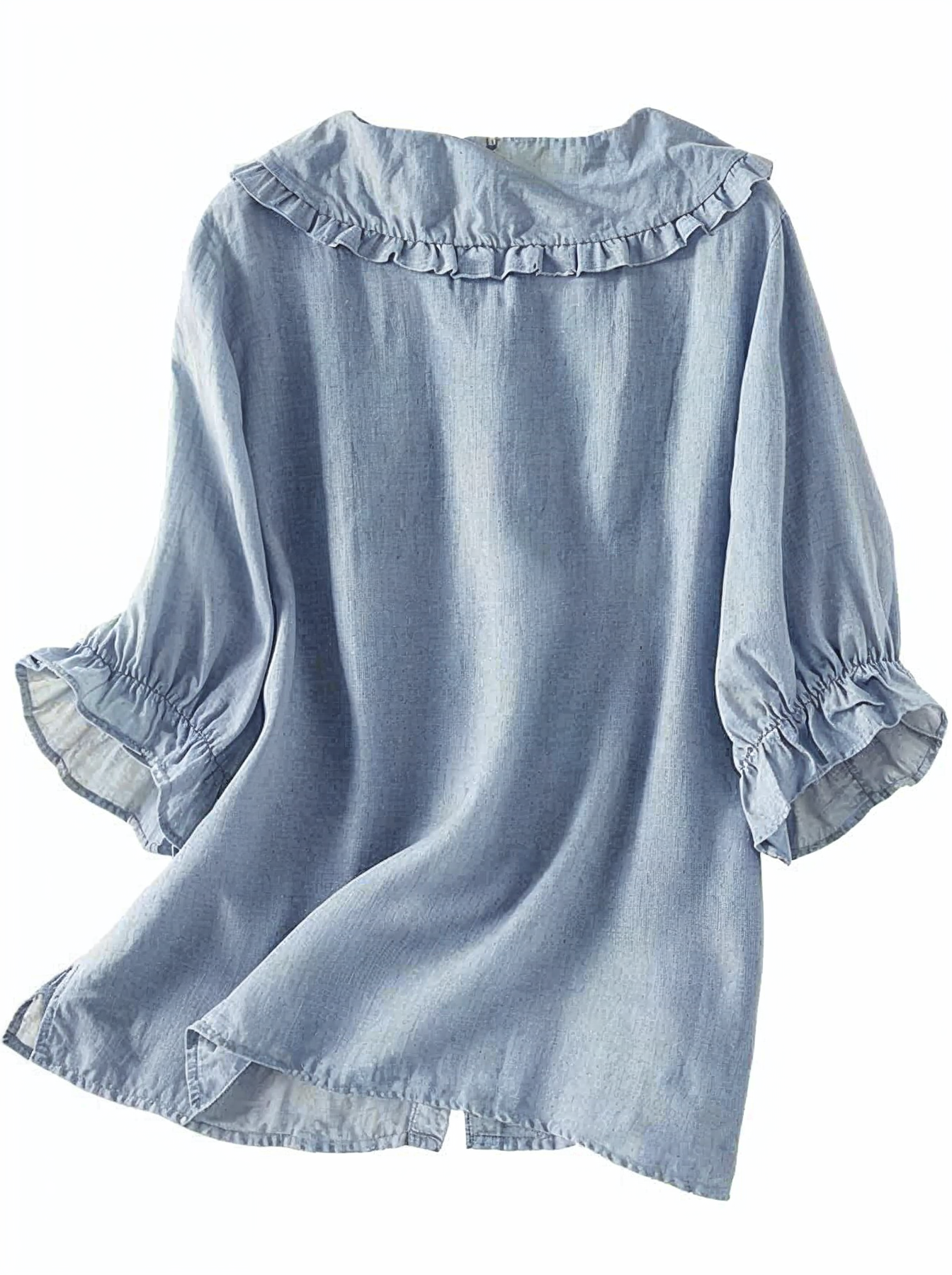 Rafah's Button-Down Blouse with Ruffled Collar and 3/4 Sleeves