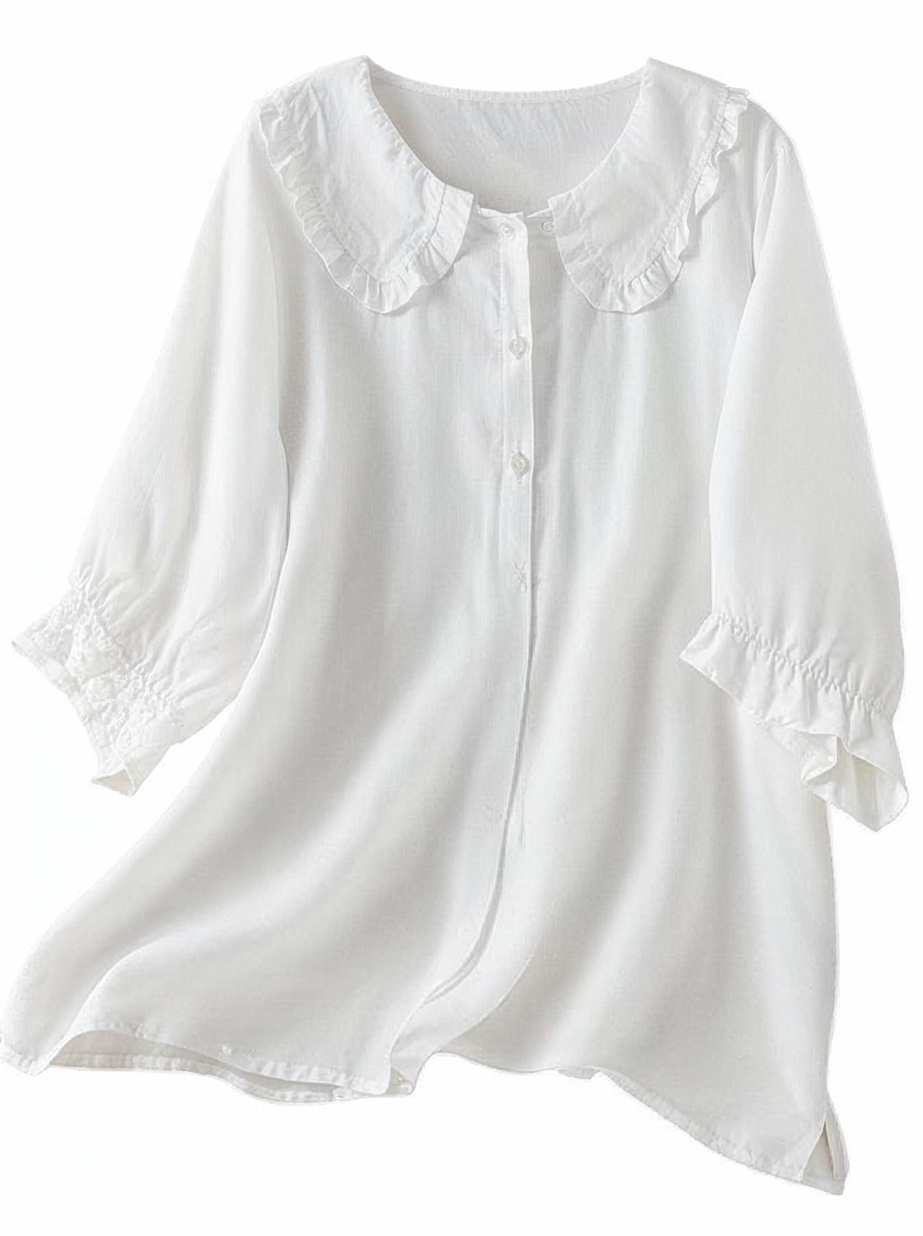 Rafah's Button-Down Blouse with Ruffled Collar and 3/4 Sleeves