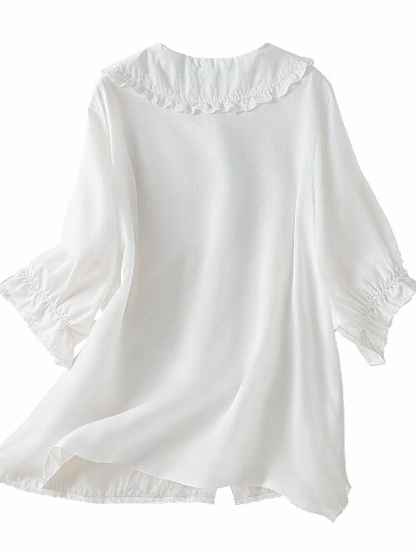 Rafah's Button-Down Blouse with Ruffled Collar and 3/4 Sleeves